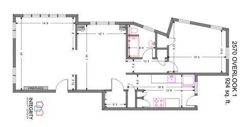 Floor plan for 1 bed, 1 bath, 924 sqft